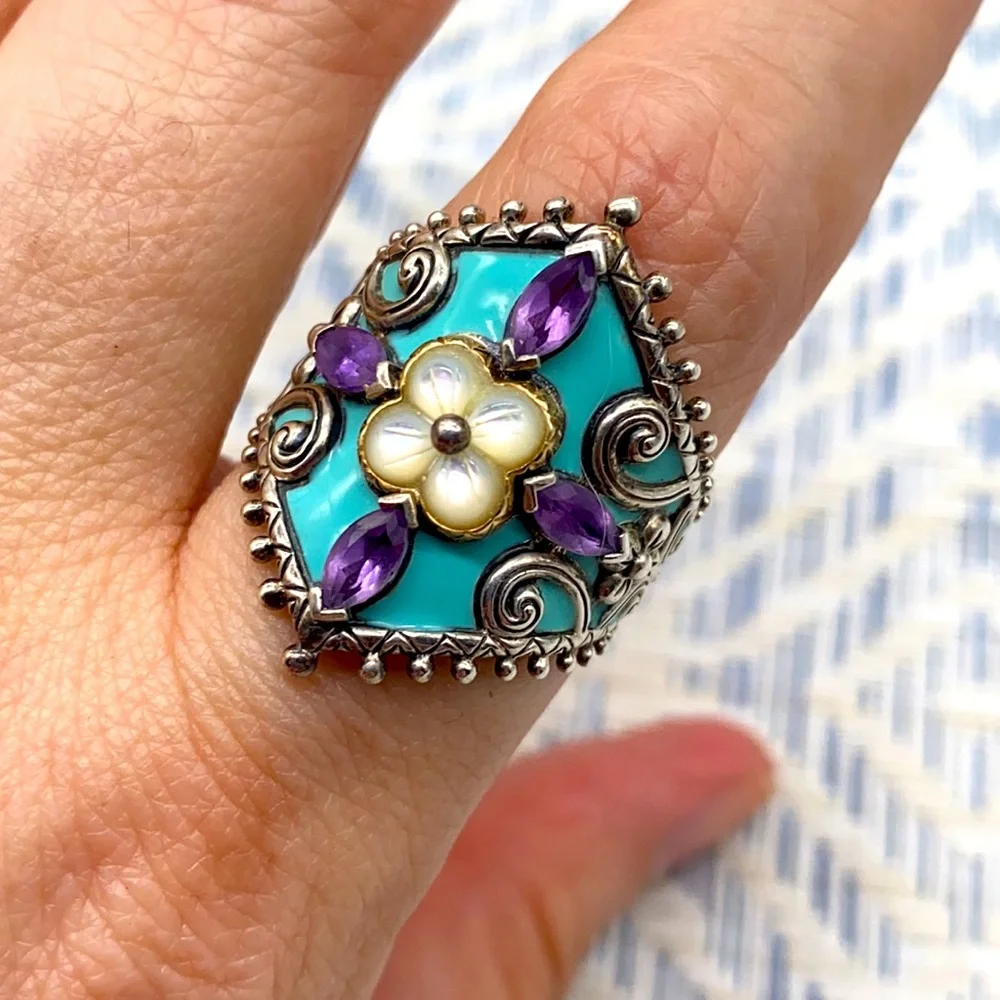 Barbara Bixby amethyst & MOP turquoise enamel ring in size 9 ππ - Picture 2 of 9